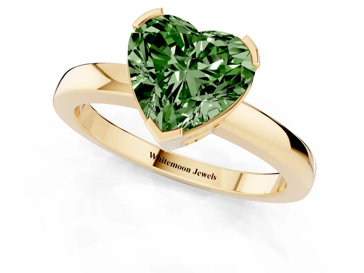 Fancy Green Heart Cut Cut Solitaire Ring with Four-Prong Setting and Classic Band Yellow gold