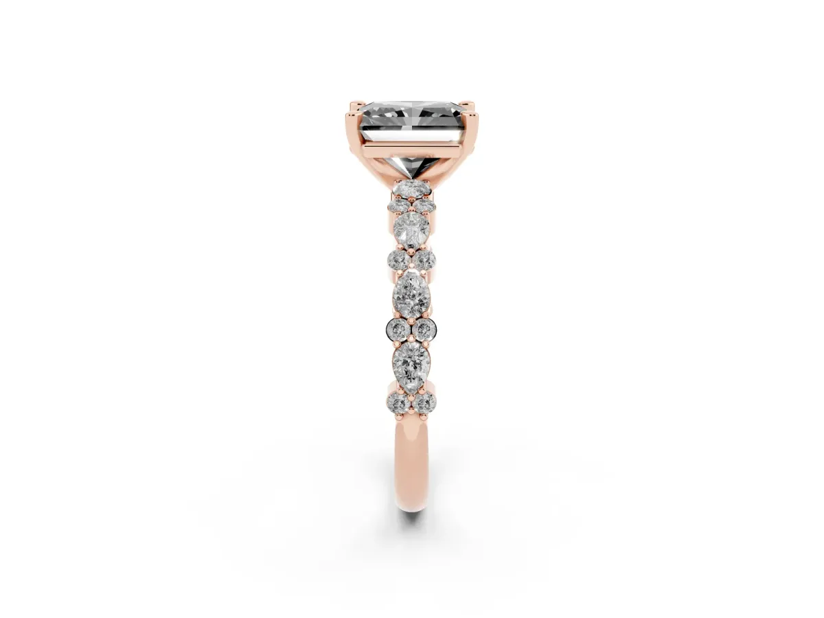 Fancy Black Radiant Cut Diamond Side Stone Solitaire Ring with Round and Four-Prong Setting Rose gold