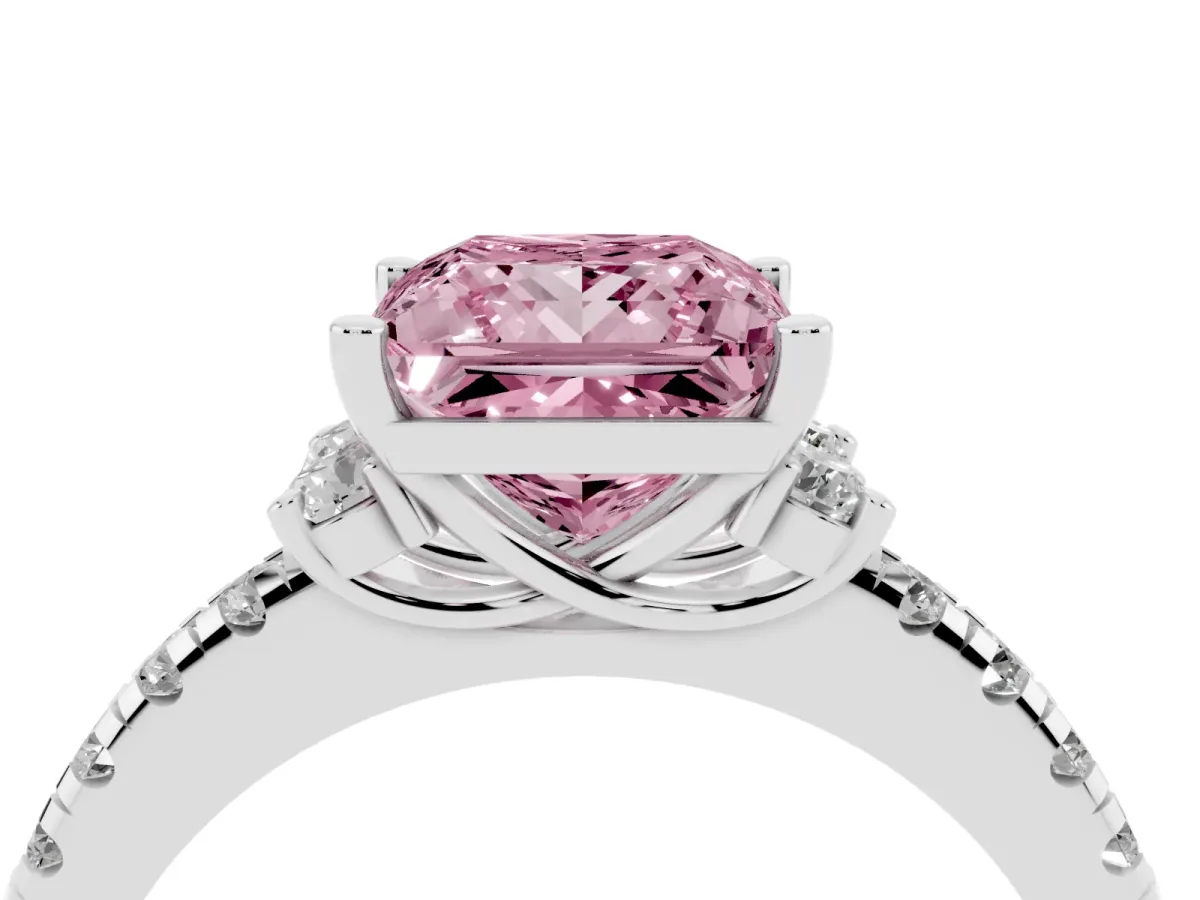 Fancy Pink Princess Cut Diamond Three-Stone Pave Band with Four-Prong Setting Silver
