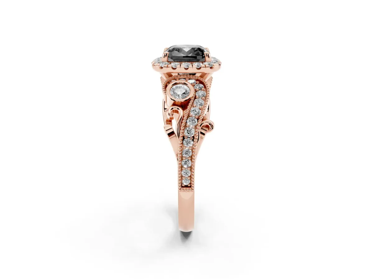 Fancy Black Cushion Cut Halo Diamond Ring with Milgrain and Bezel Accents on a Split Shank Band Rose gold