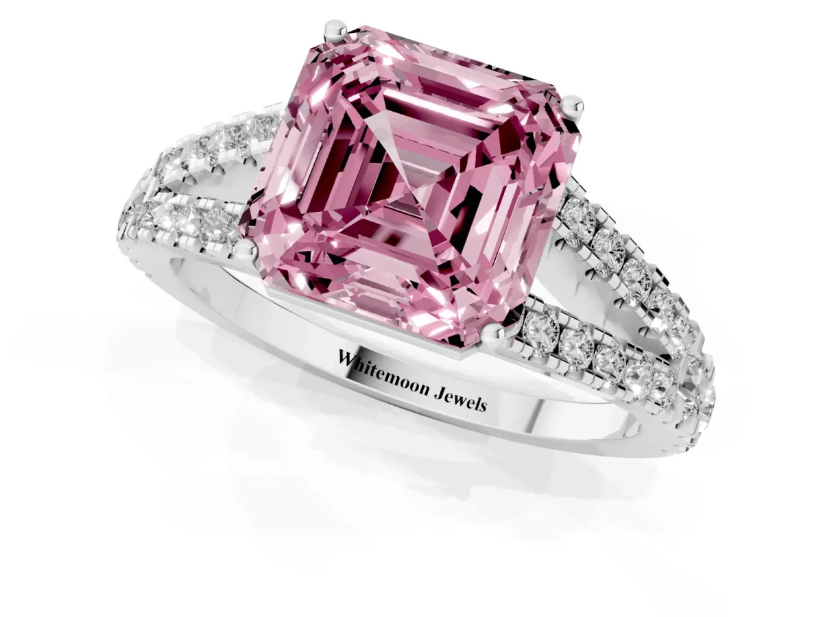 Fancy Pink Asscher Cut Diamond Split Shank Engagement Ring with Round Pavé and Prong Setting Silver