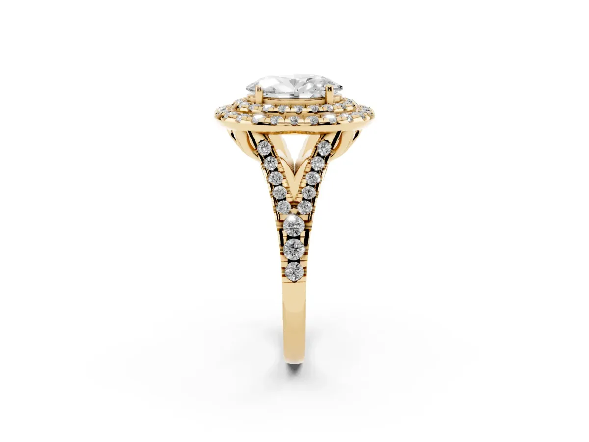 Double Halo Oval Cut Diamond Pavé Split Shank Ring with Prong Setting Yellow gold