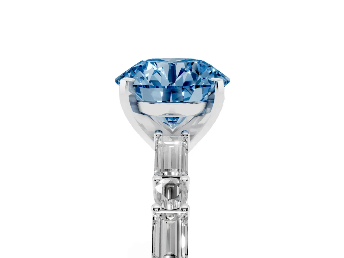 Fancy Blue Round Cut Diamond Solitaire with Side Baguettes and Channel Set Band White gold