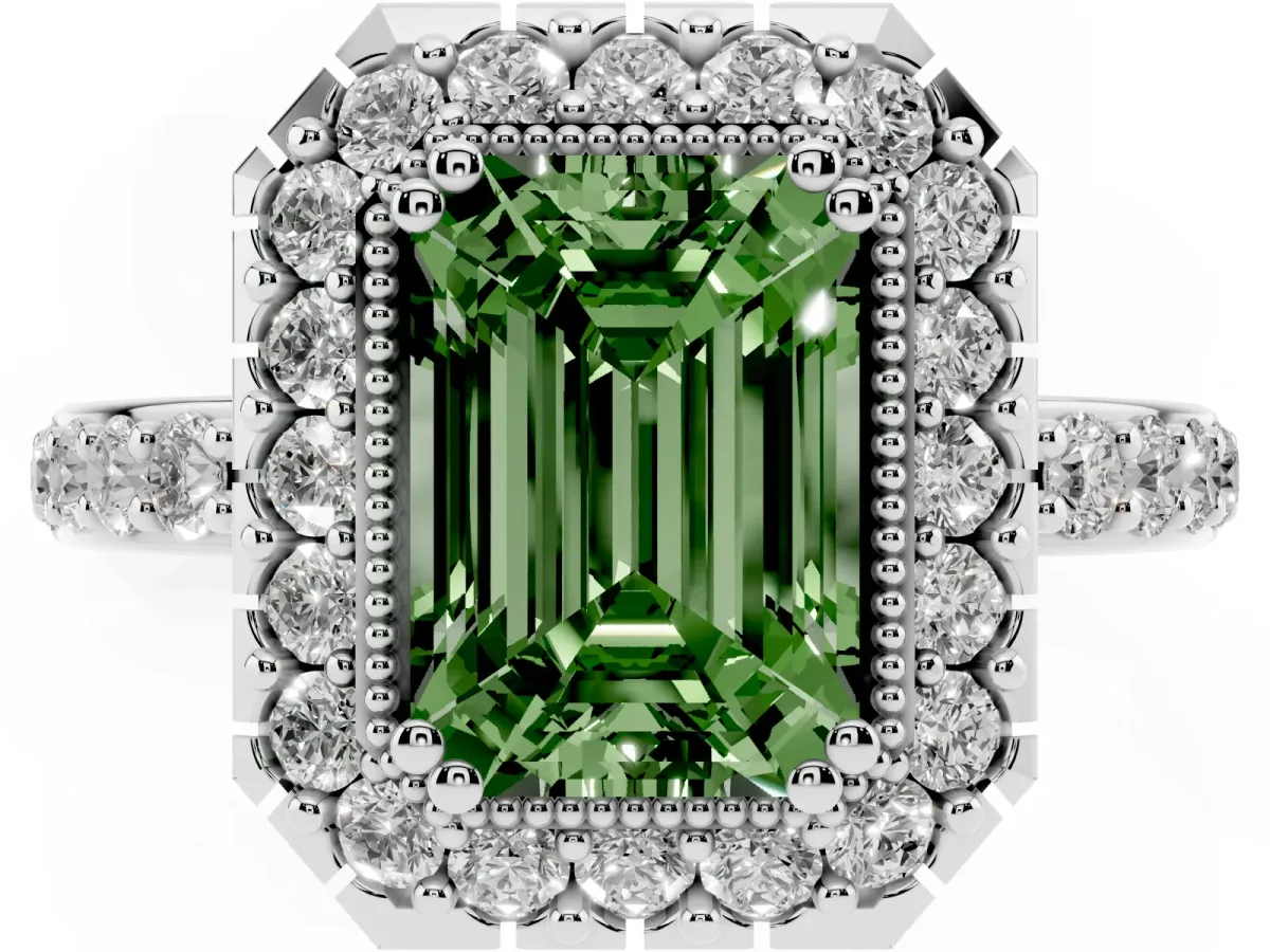 Fancy Green Emerald Cut Diamond Halo Ring with Pavé Band and Prong Setting Silver