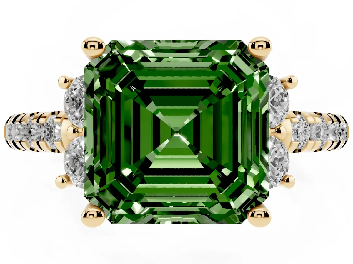 Fancy Green Asscher Cut Diamond Three-Stone Pave Band with Four-Prong Setting Yellow gold