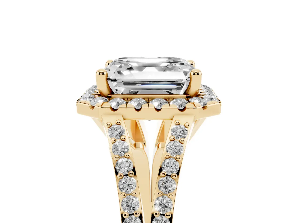Asscher Cut Halo Split Shank Diamond Ring with Prong Setting Yellow gold