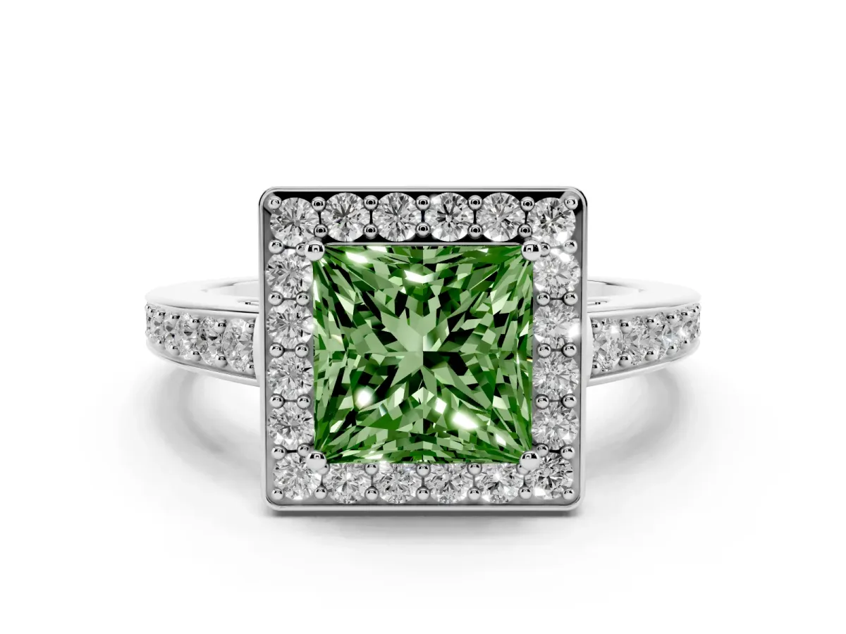 Fancy Green Princess Cut Halo Pavé Diamond Engagement Ring with Bezel Setting Silver