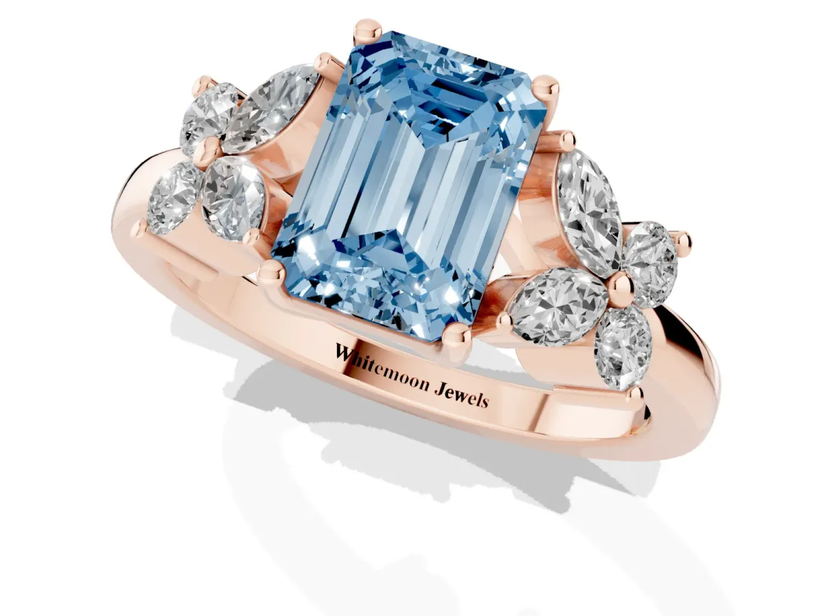 Fancy Blue Emerald Cut Diamond Floral Cluster Ring with Solitaire Band and Prong Setting Rose gold