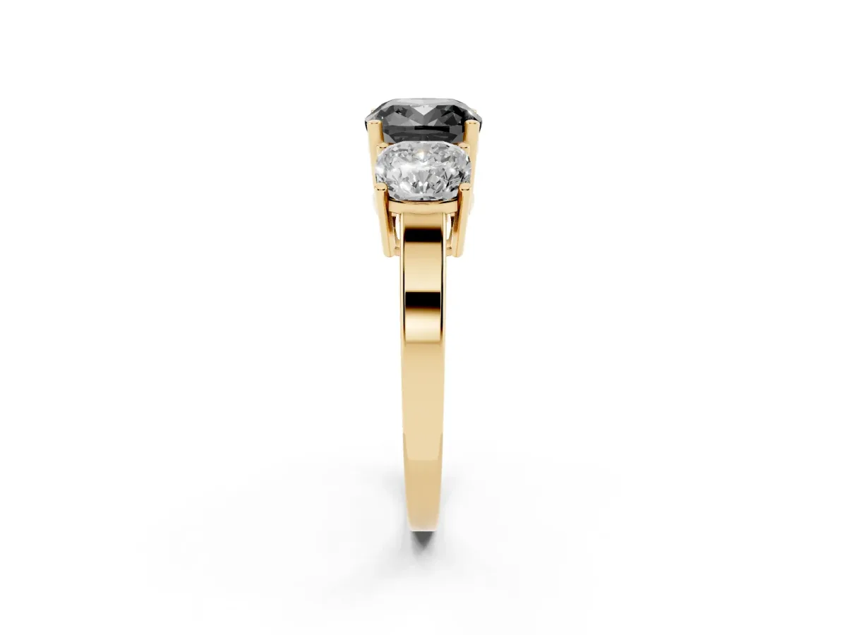 Fancy Black Three-Stone Cushion Cut Cut Diamond Engagement Ring with Flat Band and Four-Prong Setting Yellow gold