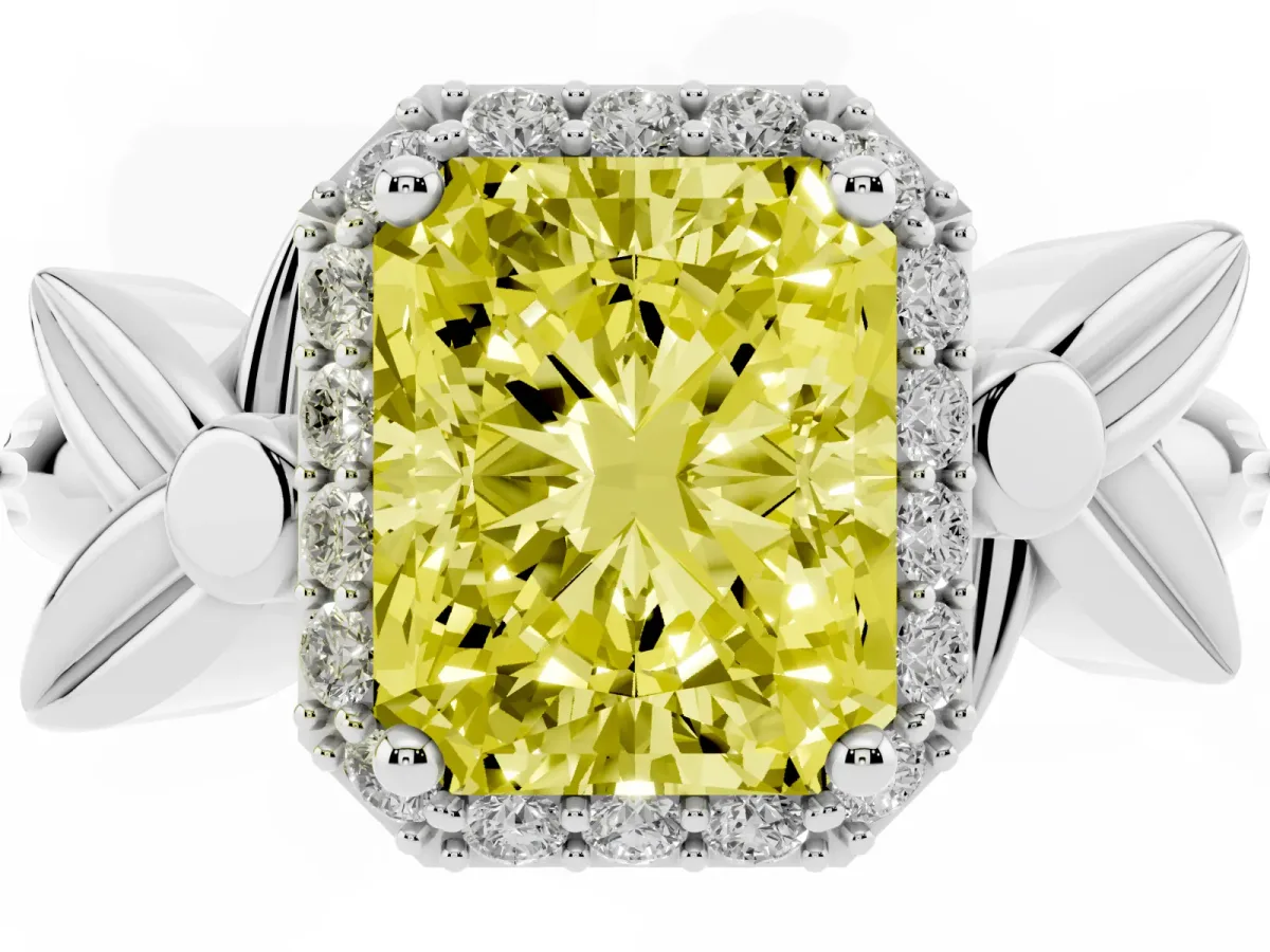 Fancy Yellow Radiant Cut Halo Diamond Floral Band with Four-Prong Setting Platinum