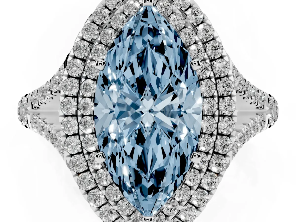 Fancy Blue Marquise Cut Diamond Pavé Split Shank Double Halo Engagement Ring Platinum