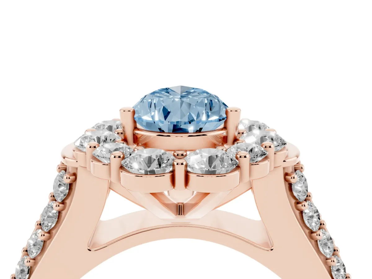 Fancy Blue Pear Cut Halo Diamond Engagement Ring with Split Shank and Prong Setting Rose gold