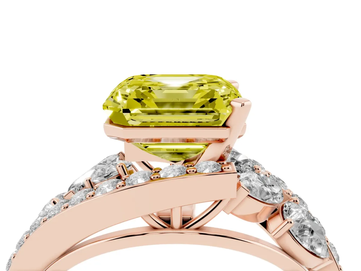 Fancy Yellow Asscher Cut Diamond Halo Ring with Marquise and Pavé Band in Prong Setting Rose gold