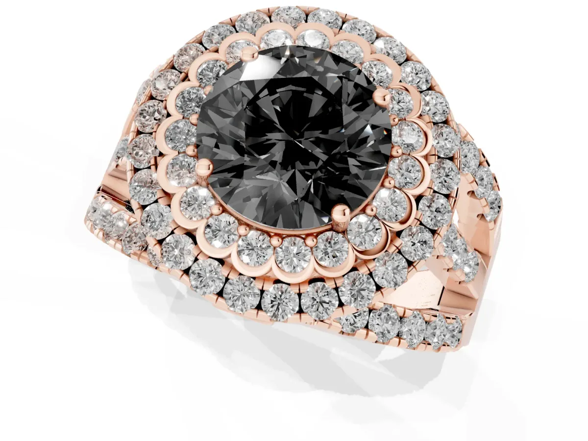 Fancy Black Round Cut Diamond Double Halo Ring with Round Pavé Split Shank and Prong Setting Rose gold