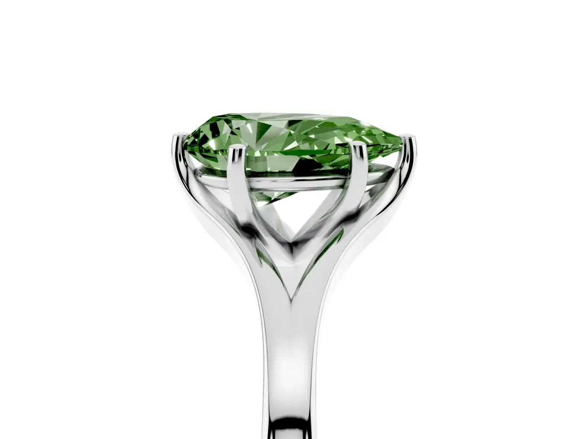 Fancy Green Pear Cut Solitaire Diamond Ring with Six-Prong Setting and Tapered Band Silver