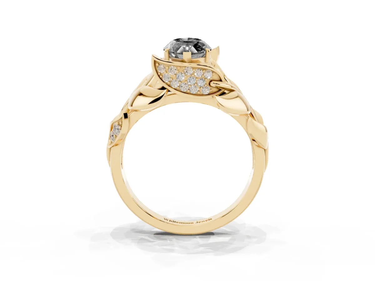 Fancy Black Marquise Cut Diamond Leaf-Inspired Engagement Ring with Round Accents and Prong Setting Yellow gold