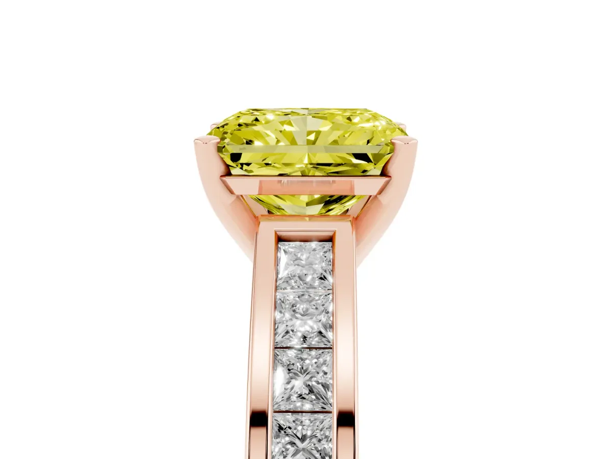Fancy Yellow Radiant Cut Solitaire Diamond Ring with Channel-Set Band and Four-Prong Setting Rose gold
