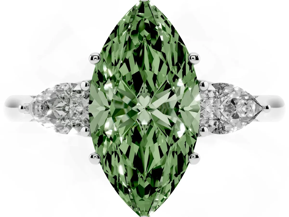 Fancy Green Marquise Cut Diamond Three-Stone Ring with Pear Side Stones and Prong Setting Silver