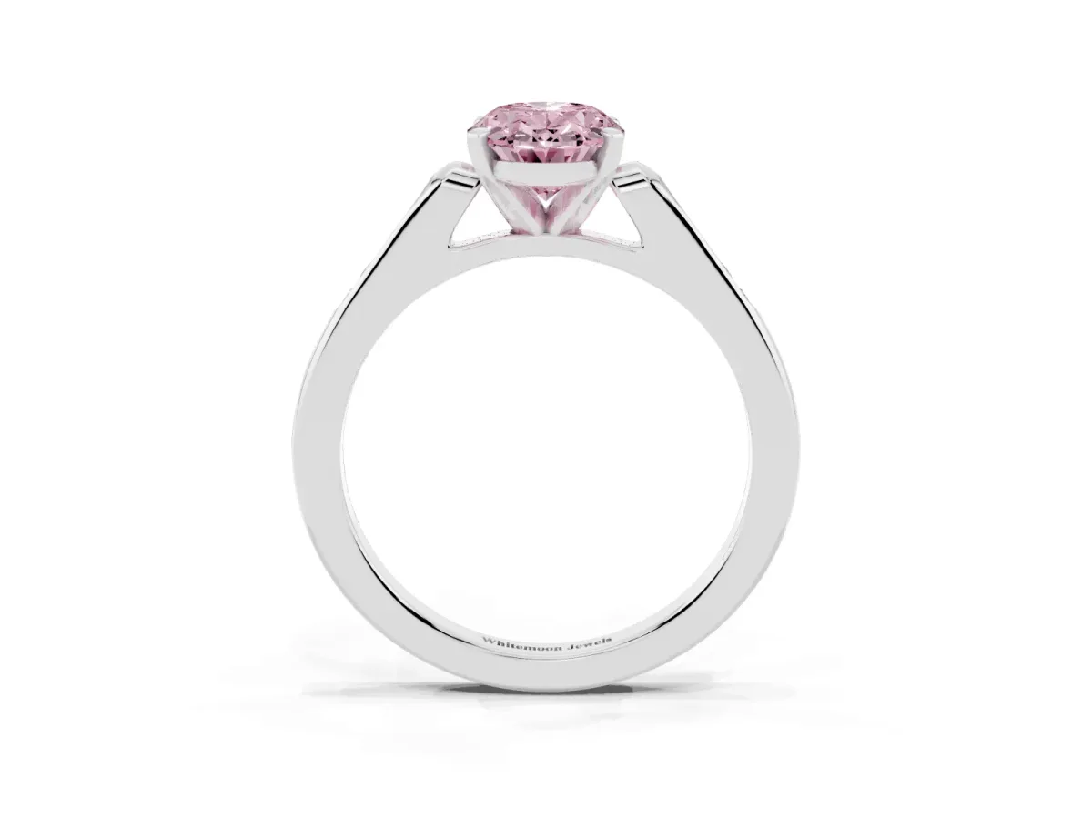 Fancy Pink Oval Cut Diamond Solitaire Ring with Channel Set Round Band and Prong Setting Silver