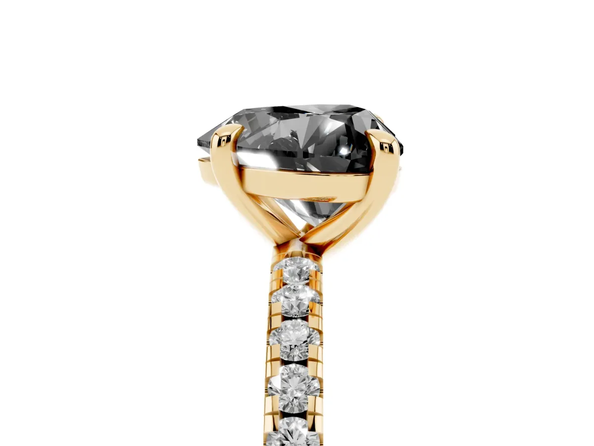 Fancy Black Heart Cut Diamond Brilliant Solitaire Ring with Pavé Band and Four-Prong Setting Yellow gold