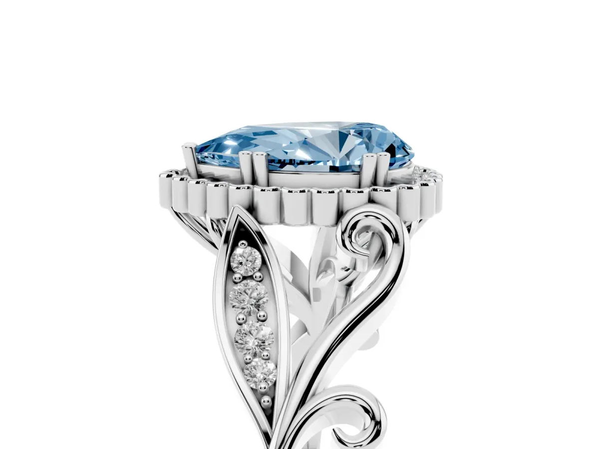 Fancy Blue Pear Cut Diamond Halo Ring with Vintage Split Shank and Four-Prong Setting Silver