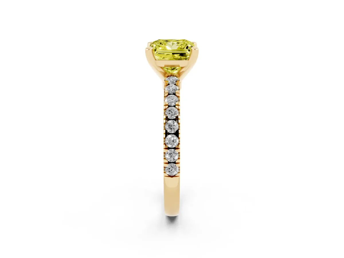 Fancy Yellow Princess Cut Solitaire Diamond with Pavé Band and Four-Prong Setting Yellow gold