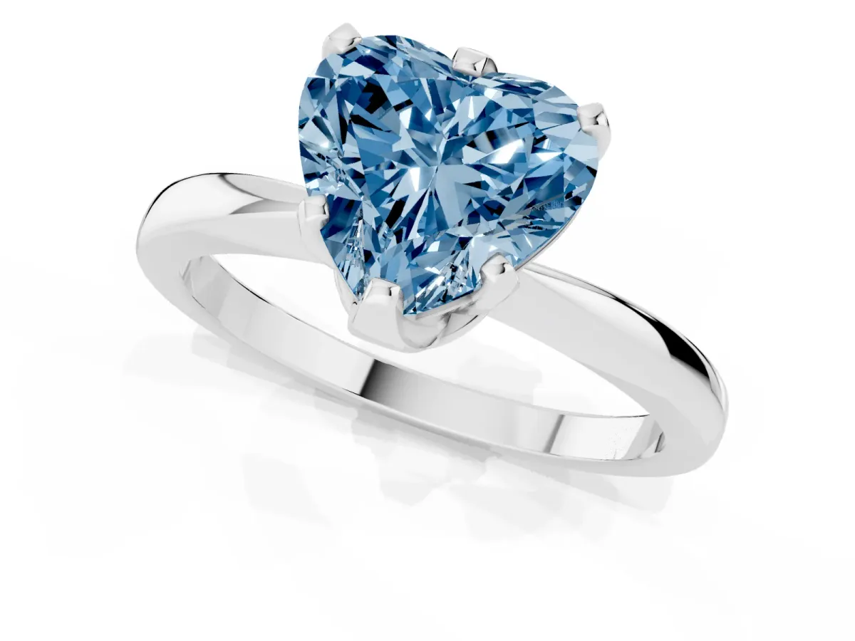 Fancy Blue Heart Cut Solitaire Engagement Ring with Six-Prong Setting and Tapered Band Platinum