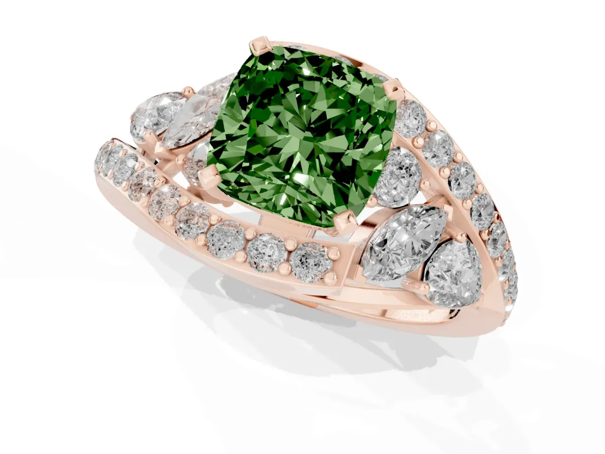 Fancy Green Cushion Cut Diamond Halo Ring with Marquise and Pavé Band in Prong Setting Rose gold