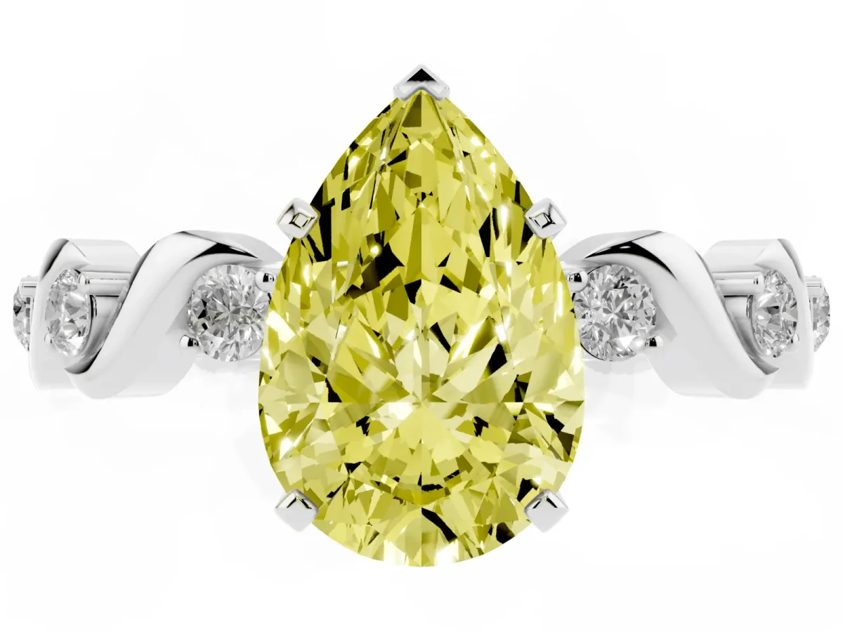 Fancy Yellow Pear Cut Diamond Solitaire Twisted Band with Round Accents and Prong Setting Silver