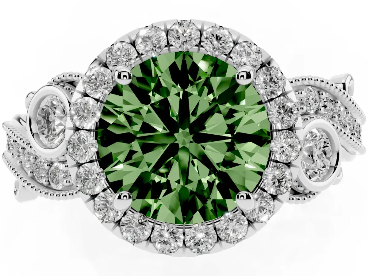 Fancy Green Round Cut Diamond Halo Ring with Milgrain Pavé Band and Four-Prong Setting White gold