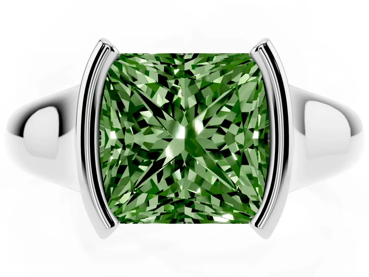 Fancy Green Princess Cut Solitaire Tension Set Diamond Ring with Split Shank Band Silver