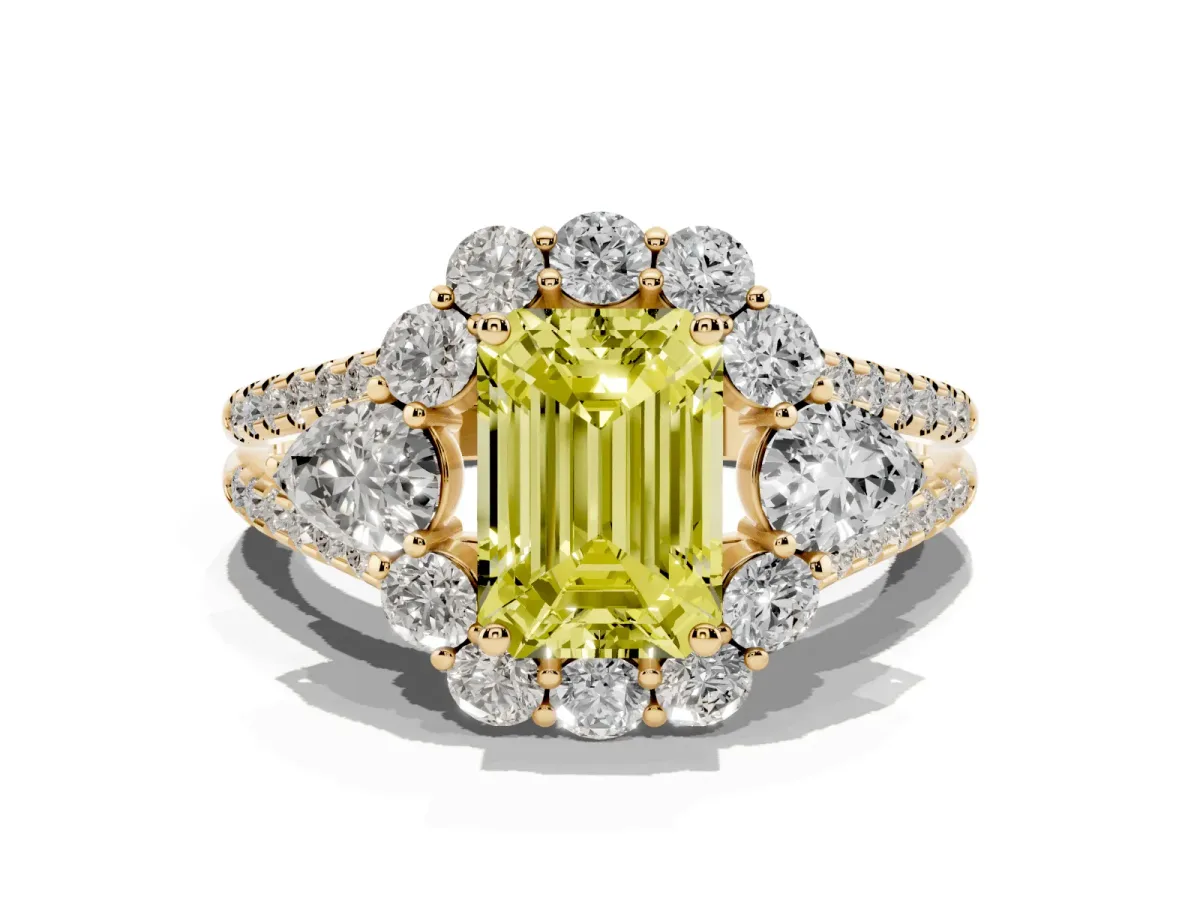 Fancy Yellow Emerald Cut Halo Split Shank Diamond Engagement Ring with Prong Setting Yellow gold