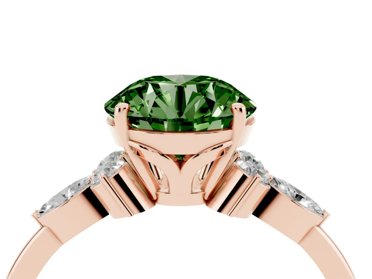 Fancy Green Round Cut Brilliant Diamond Solitaire Ring with Pear Side Stones and Four-Prong Setting Rose gold