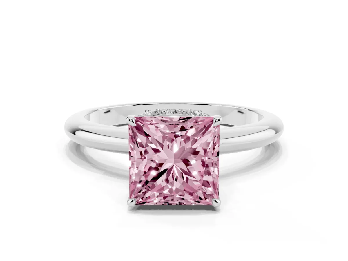 Fancy Pink Princess Cut Brilliant Solitaire Engagement Ring with Six-Prong Setting and Classic Band Silver