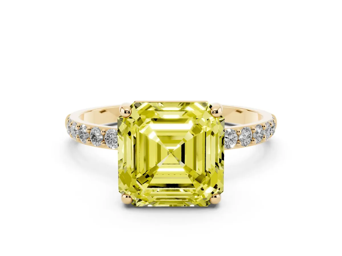 Fancy Yellow Asscher Cut Diamond Solitaire Ring with Round Pavé Band and Prong Setting Yellow gold