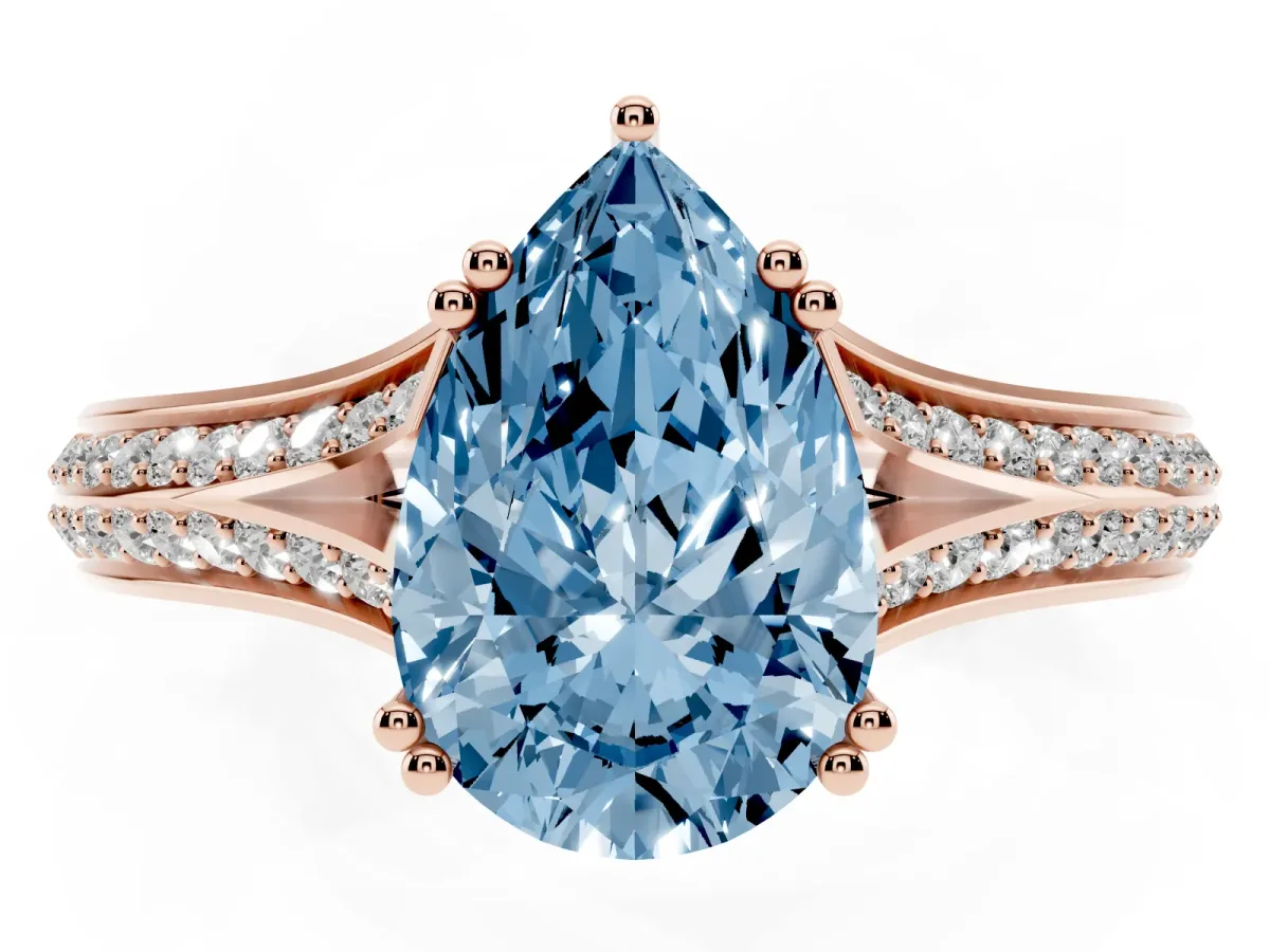 Fancy Blue Pear Cut Diamond Split Shank Engagement Ring with Pavé Band Rose gold