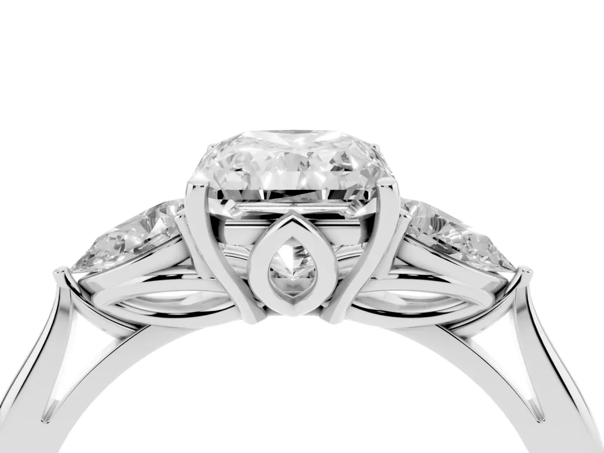 Three-Stone Radiant Cut Brilliant Diamond Solitaire Ring with Tapered Band and Four-Prong Setting Platinum