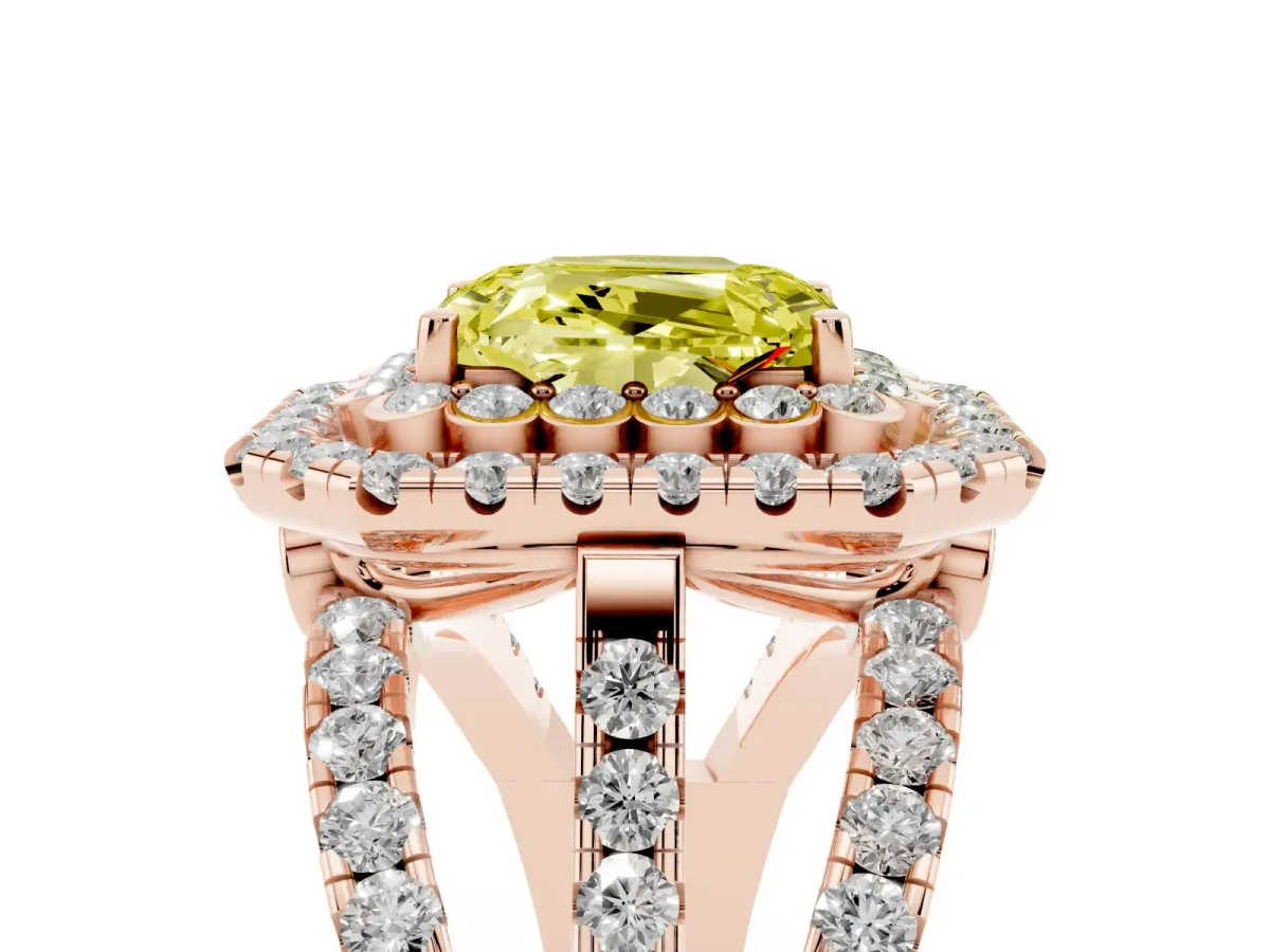 Fancy Yellow Emerald Cut Diamond Double Halo Ring with Round Pavé Split Shank and Prong Setting Rose gold
