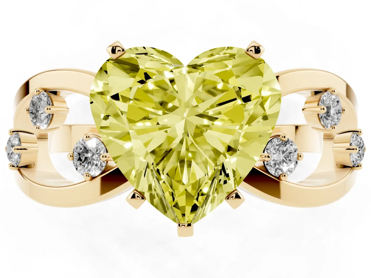 Fancy Yellow Heart Cut Cut Solitaire Diamond with Side Stones on Criss-Cross Band and Four-Prong Setting Yellow gold
