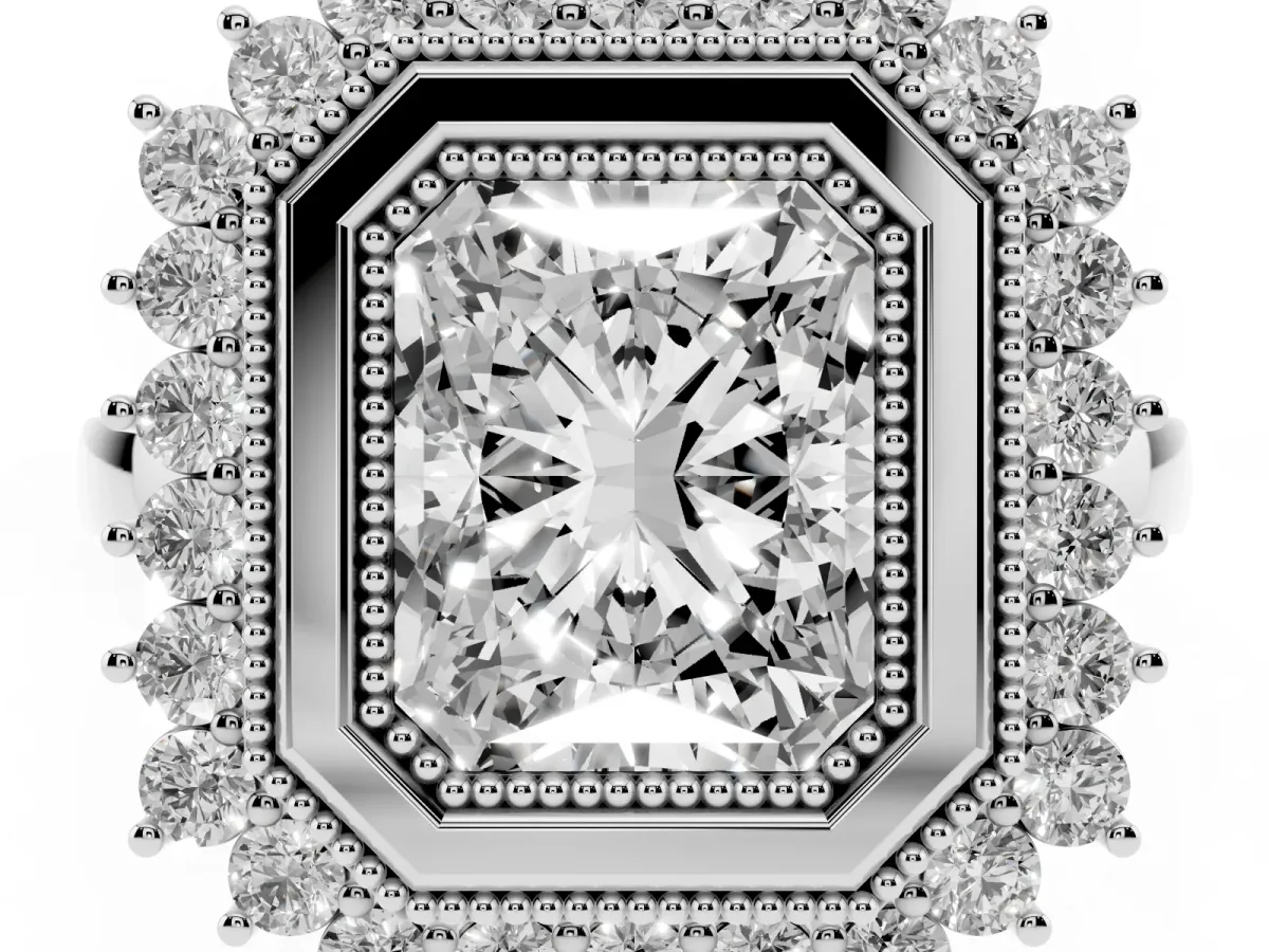 Radiant Cut Halo Diamond Ring with Milgrain Edge and Round Prong Setting Silver