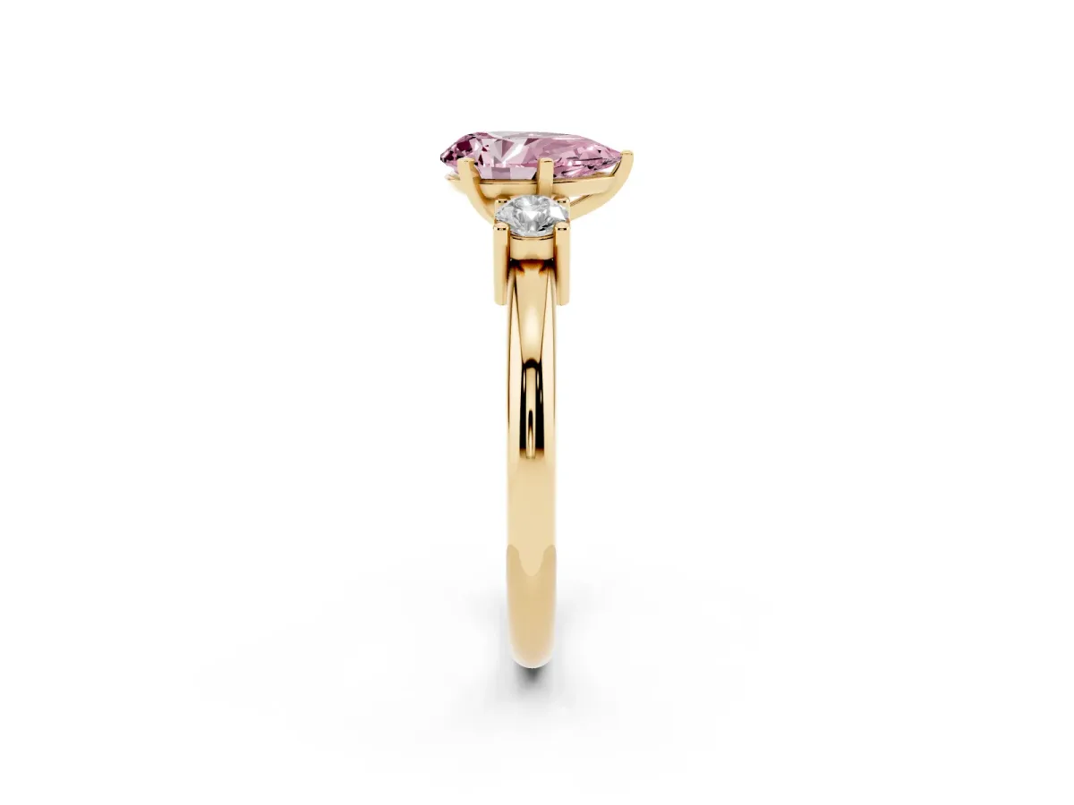 Fancy Pink Three-Stone Pear Cut Cut Diamond Solitaire with Prong Setting and Classic Band Yellow gold