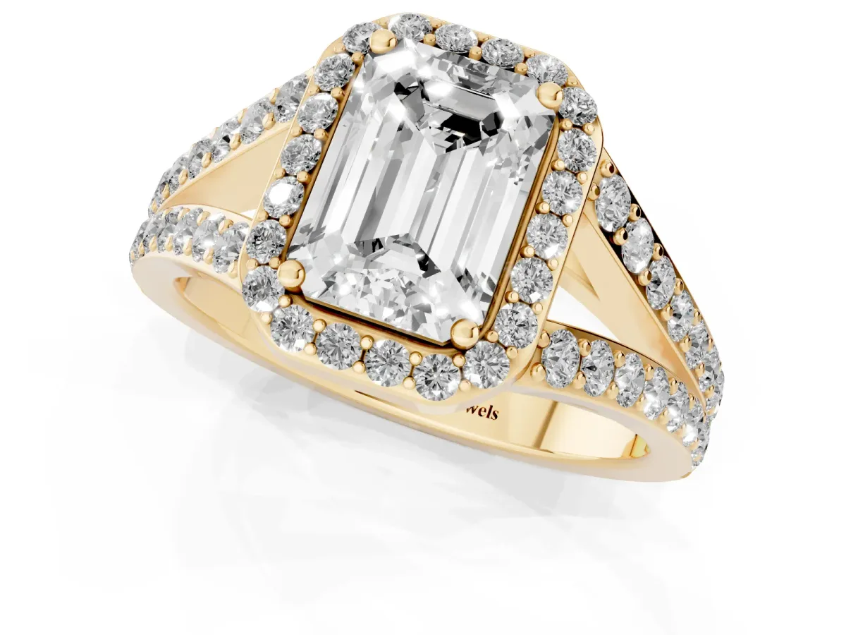 Emerald Cut Diamond Split Shank Halo Ring with Four-Prong Setting Yellow gold