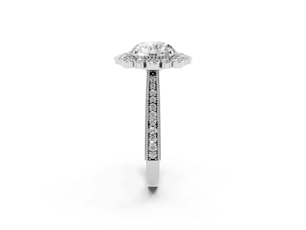 Round Cut Halo Milgrain Pave Diamond Ring with Four-Prong Setting Platinum