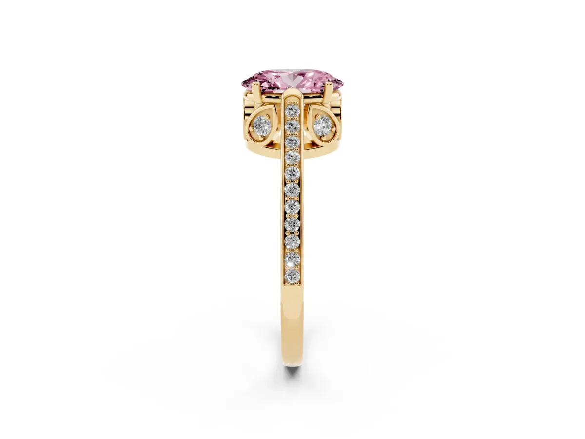 Fancy Pink Oval Cut Cut Cathedral Pave Diamond Engagement Ring with Six-Prong Setting Yellow gold