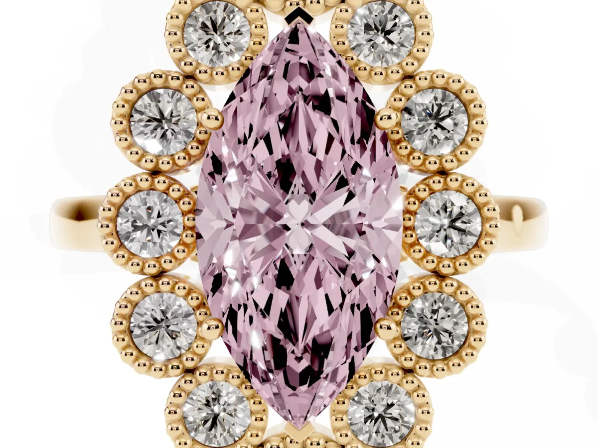 Fancy Pink Marquise Cut Halo Diamond Cluster Engagement Ring with Milgrain Bezel Setting and Solitaire Band Yellow gold