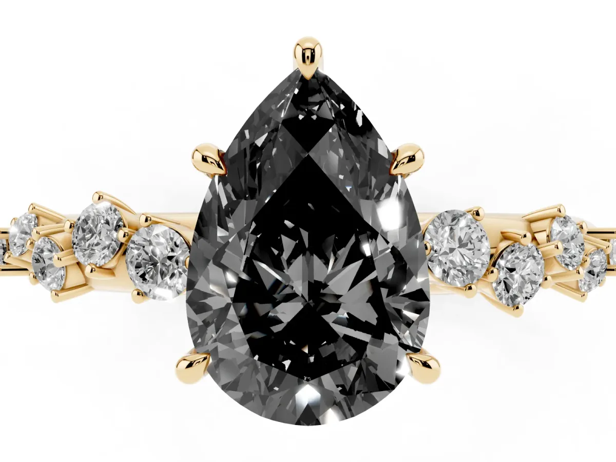 Fancy Black Pear Cut Diamond Cluster Side Stone Solitaire Ring with Prong Setting Yellow gold