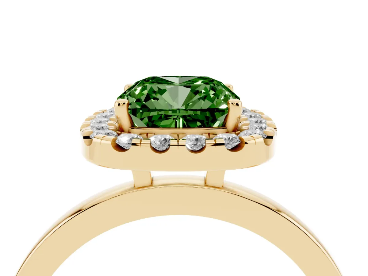 Fancy Green Cushion Cut Halo Diamond Solitaire with Pavé Band and Four-Prong Setting Yellow gold