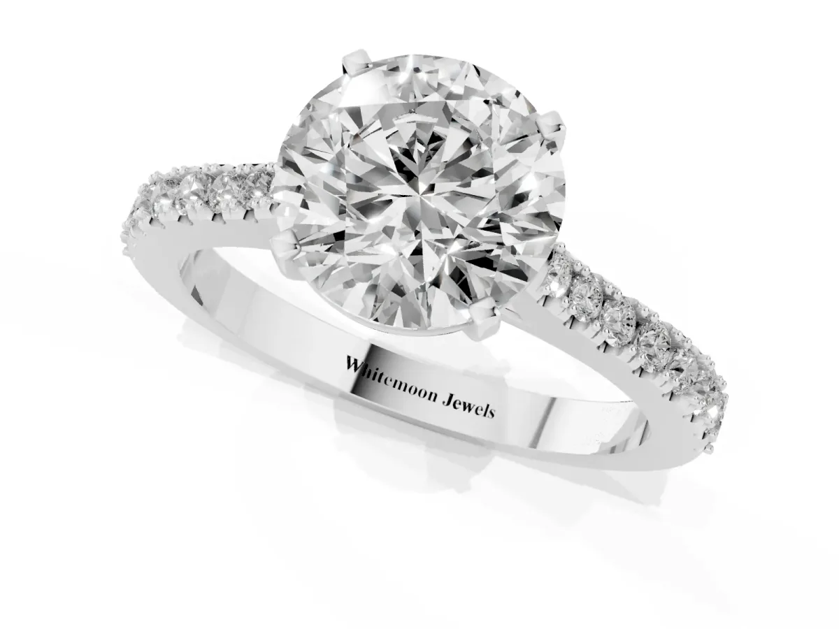 Round Cut Cut Solitaire Diamond Engagement Ring with Pave Band and Four-Prong Setting White gold