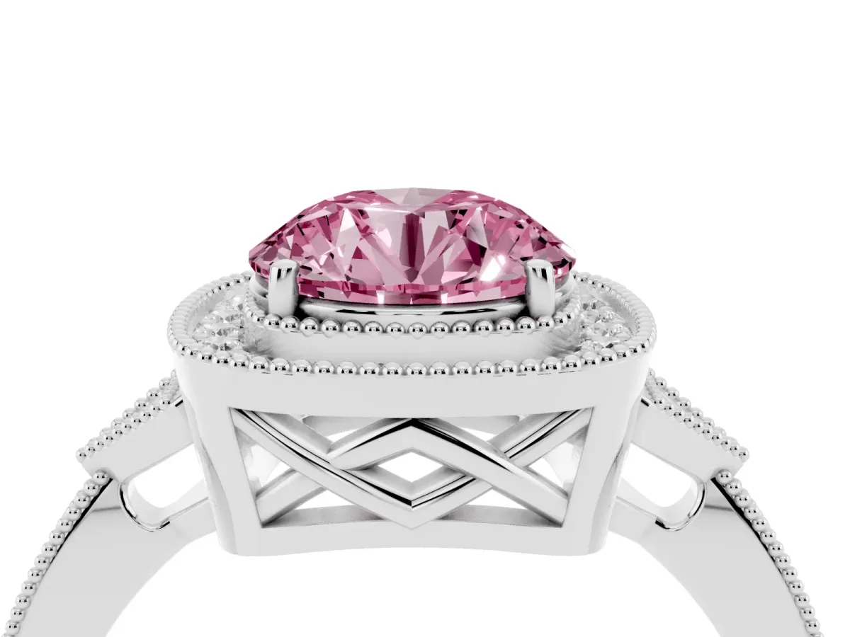 Fancy Pink Round Cut Halo Round Diamond Milgrain Pave Engagement Ring White gold