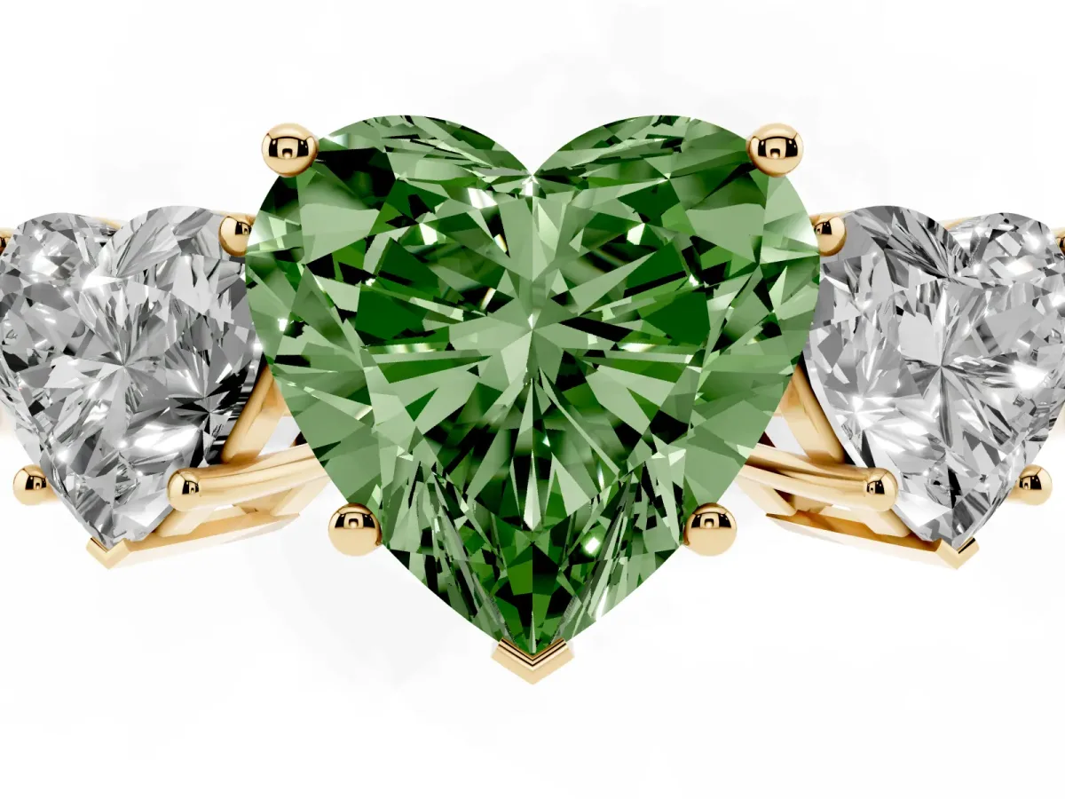 Fancy Green Three-Stone Heart Cut Cut Diamond Engagement Ring with Flat Band and Four-Prong Setting Yellow gold